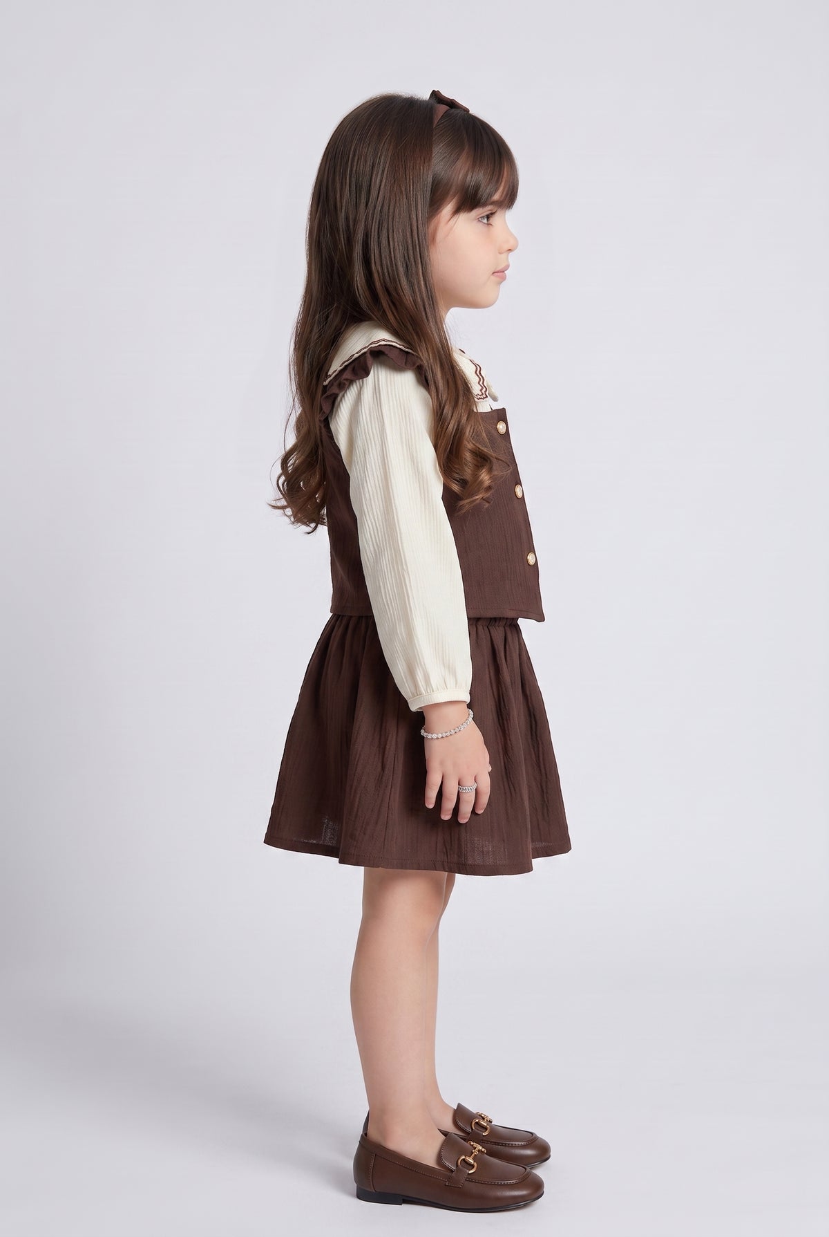Brown 3-Piece Ruffle Pinafore Skirt Set TSSET40732