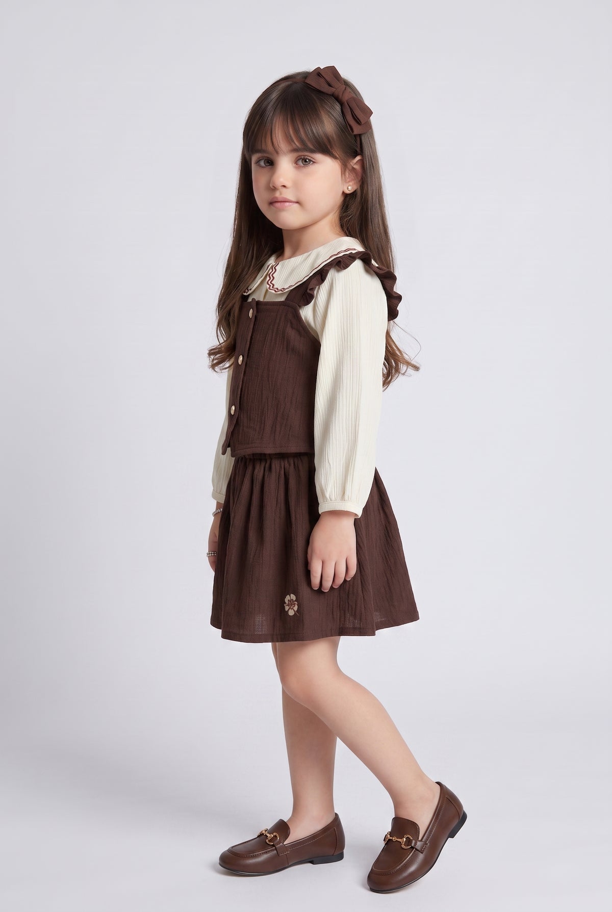 Brown 3-Piece Ruffle Pinafore Skirt Set TSSET40732