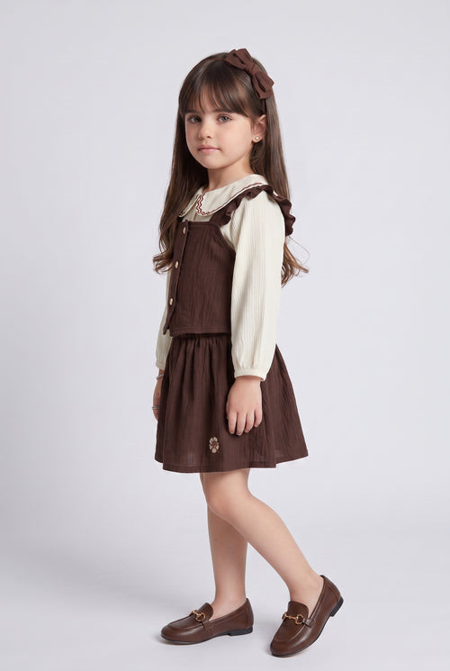 Brown 3-Piece Ruffle Pinafore Skirt Set TSSET40732