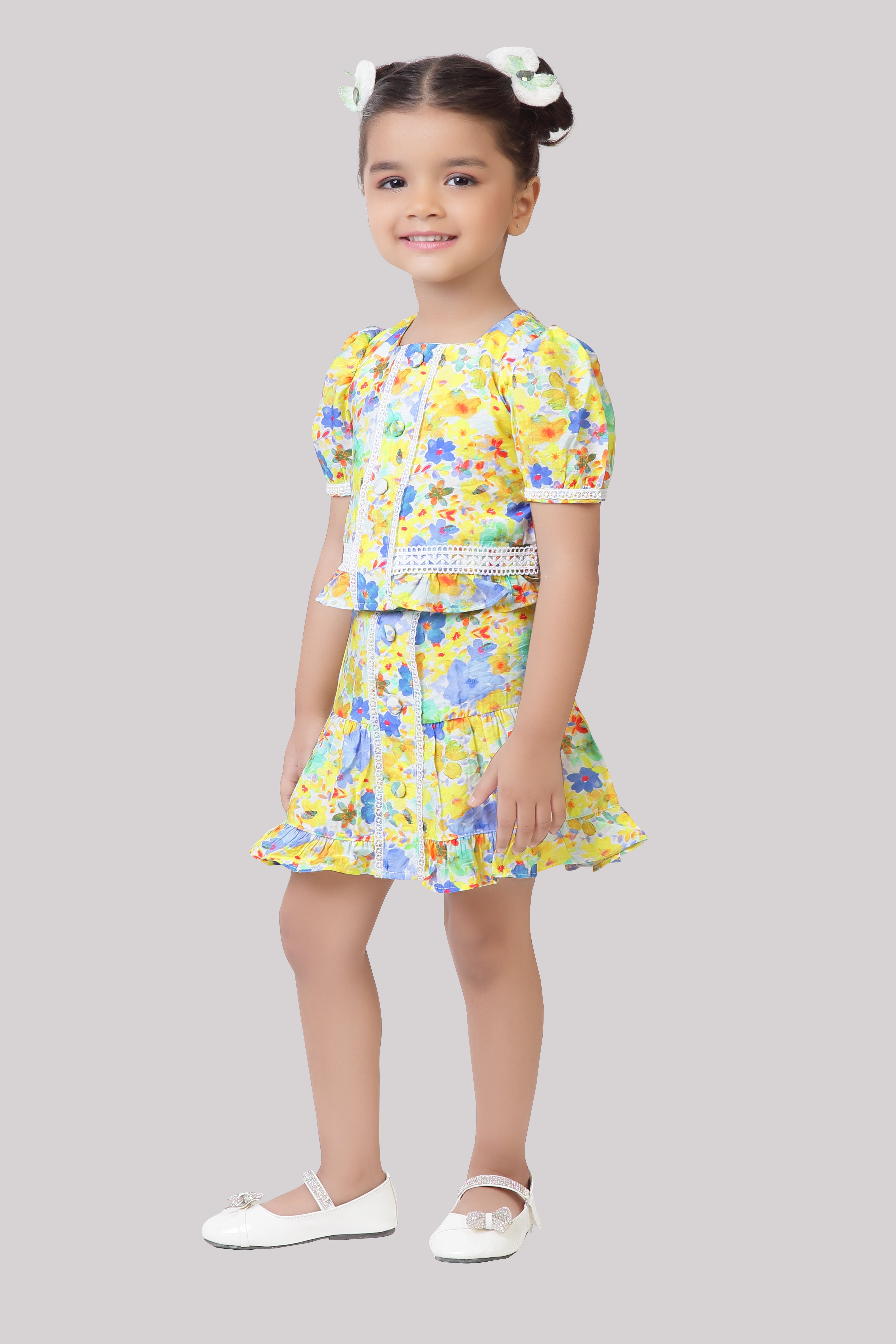 Yellow Floral Peplum Top & Skirt Set TSSET40499