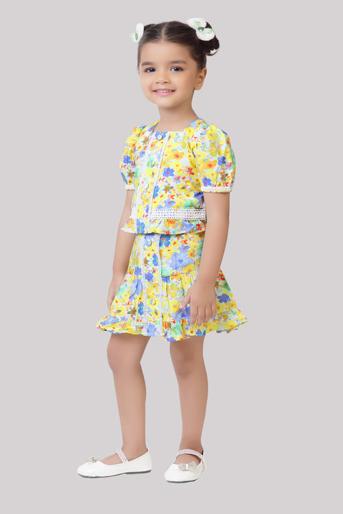 Yellow Floral Peplum Top & Skirt Set TSSET40499