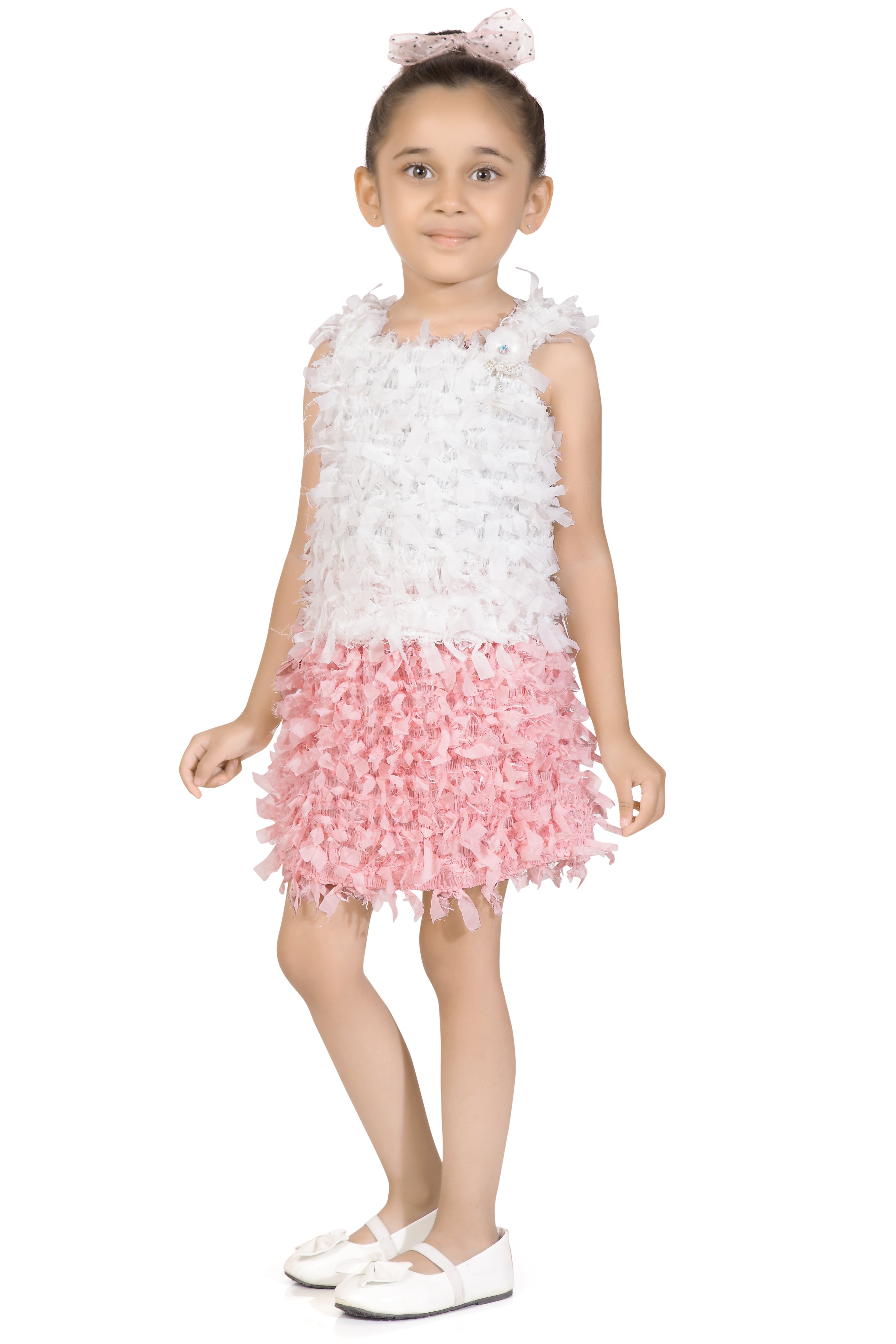 White & Pink Textured Top & Skirt Set TSSET40500