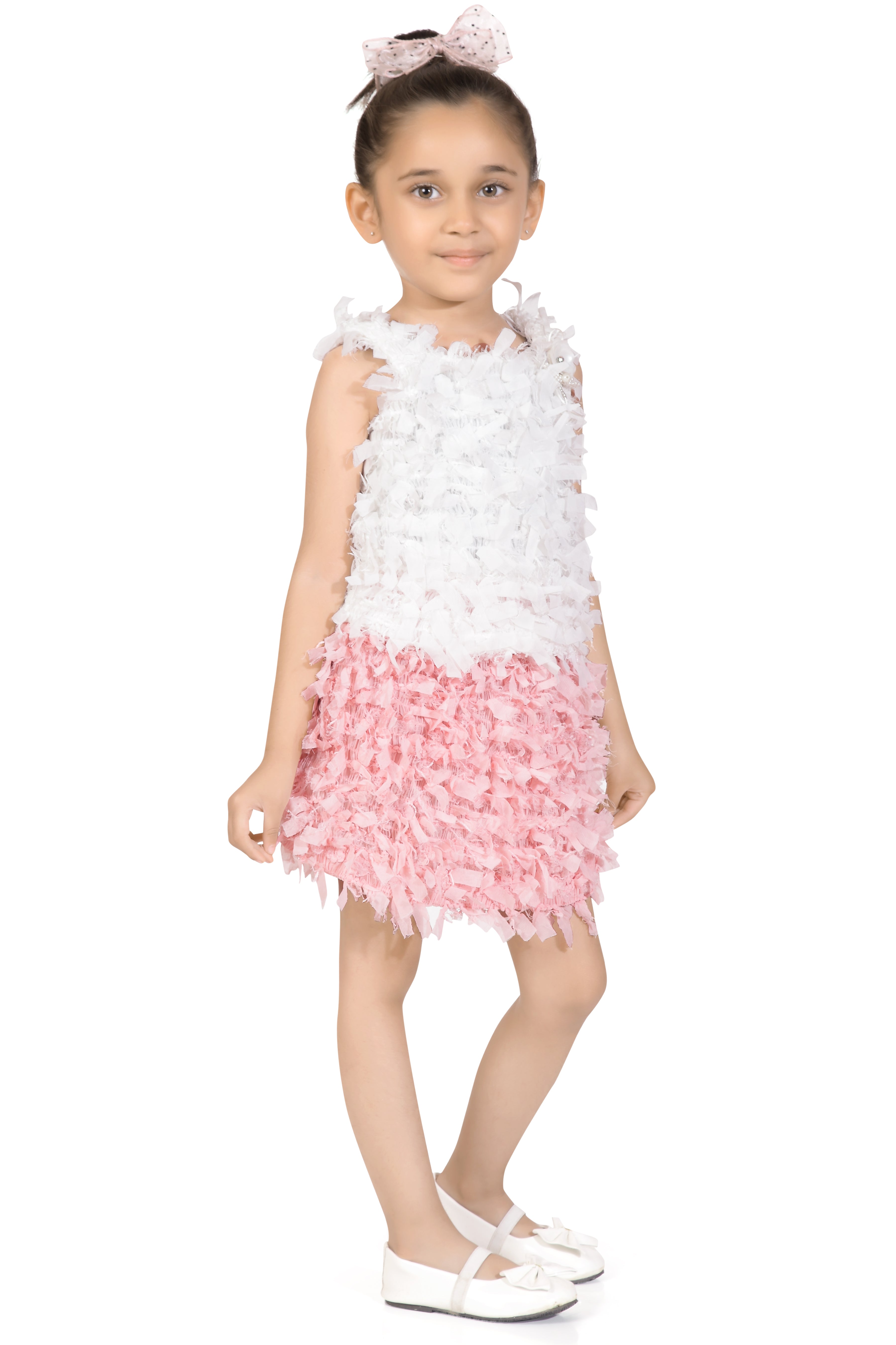 White & Pink Textured Top & Skirt Set TSSET40500