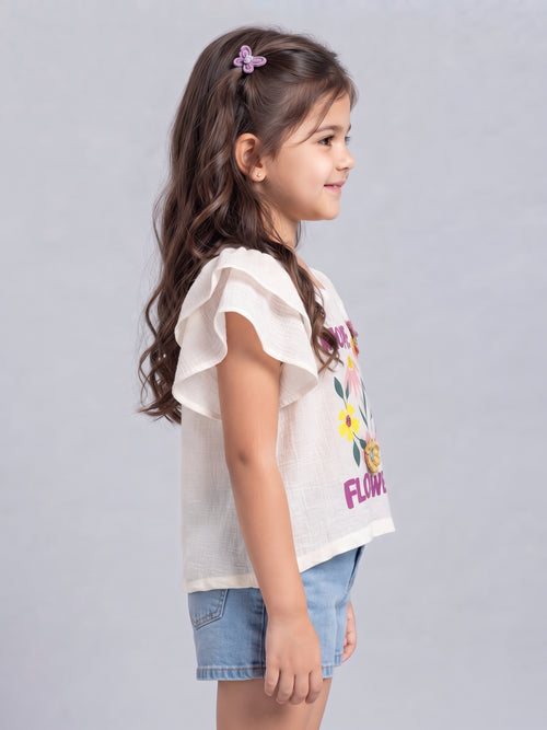 Off-White Floral Graphic Flutter Sleeve Top TSTP0030