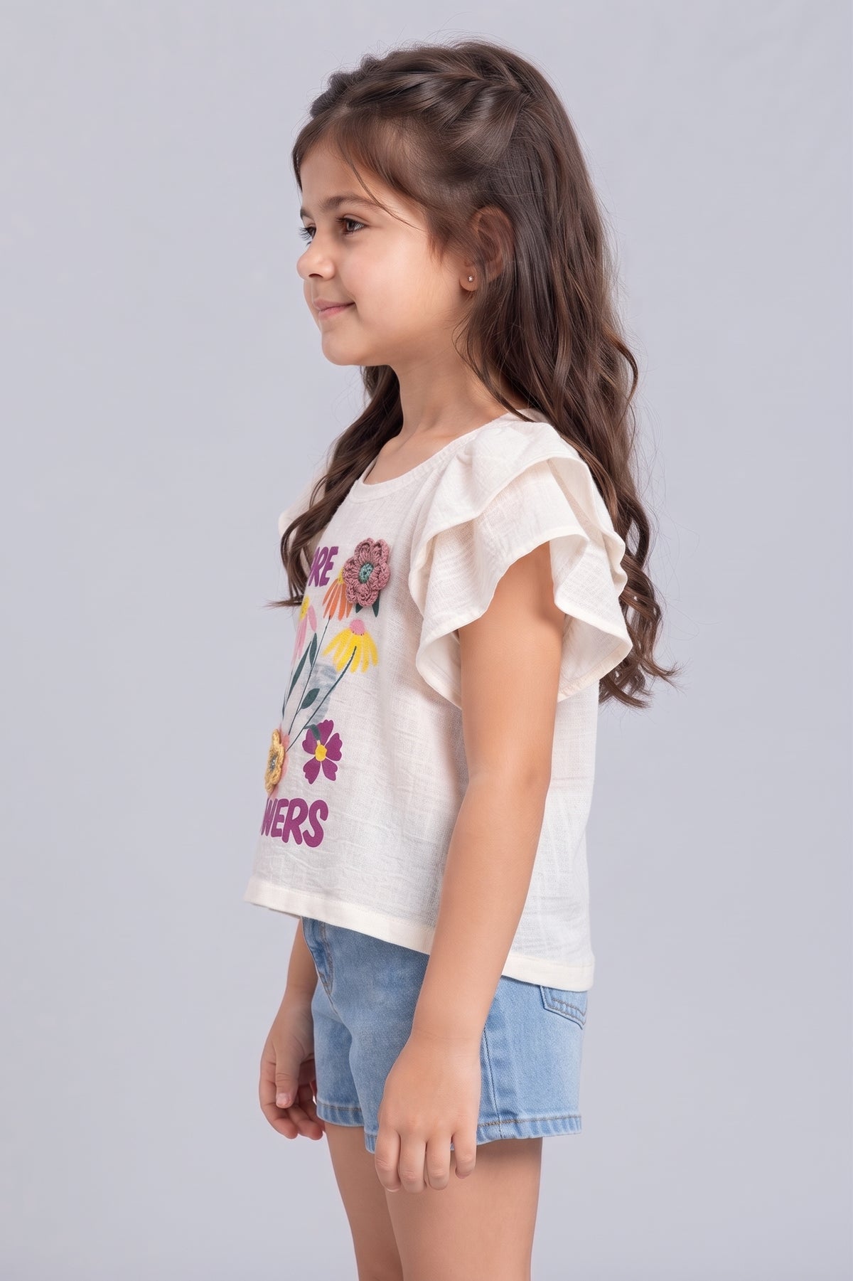 Off-White Floral Graphic Flutter Sleeve Top TSTP0030