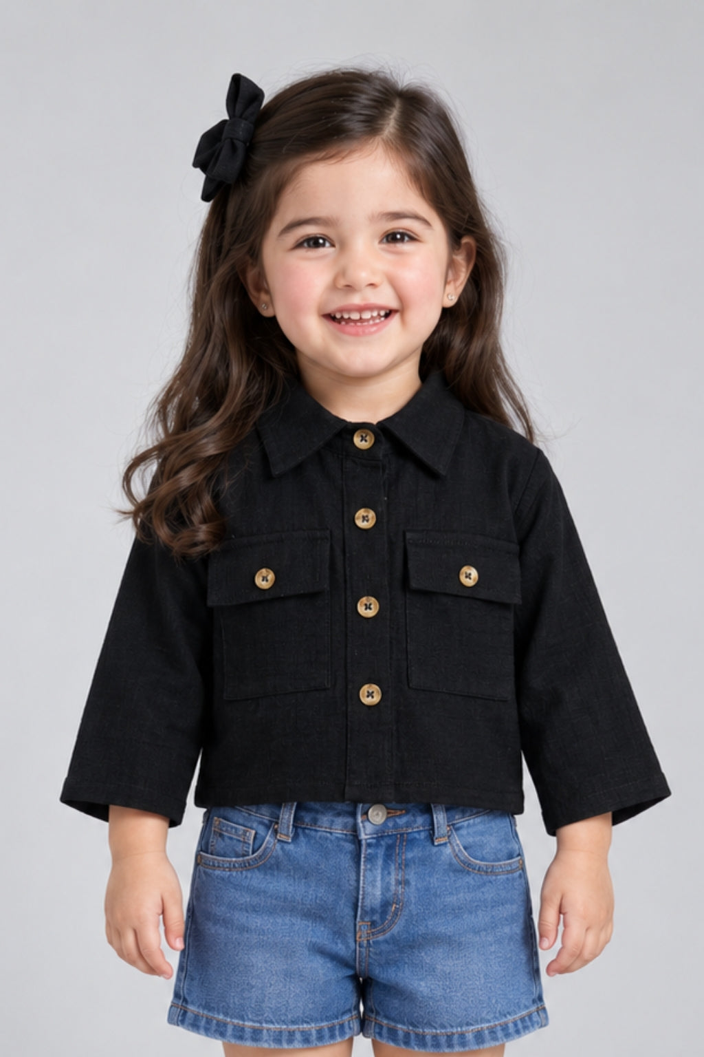 Black Cropped Utility Shirt with Flap Pockets TSTP0043