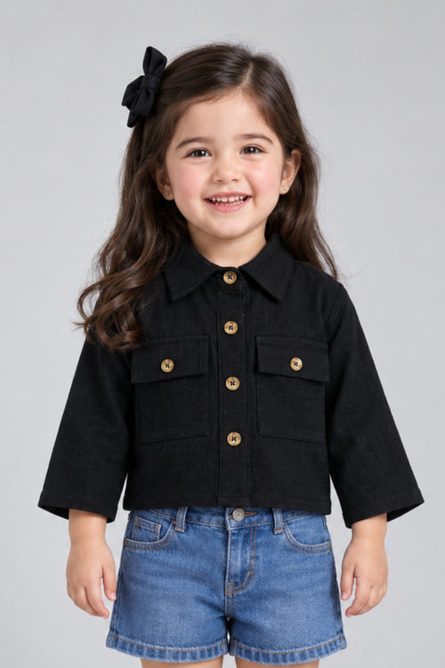 Black Cropped Utility Shirt with Flap Pockets TSTP0043