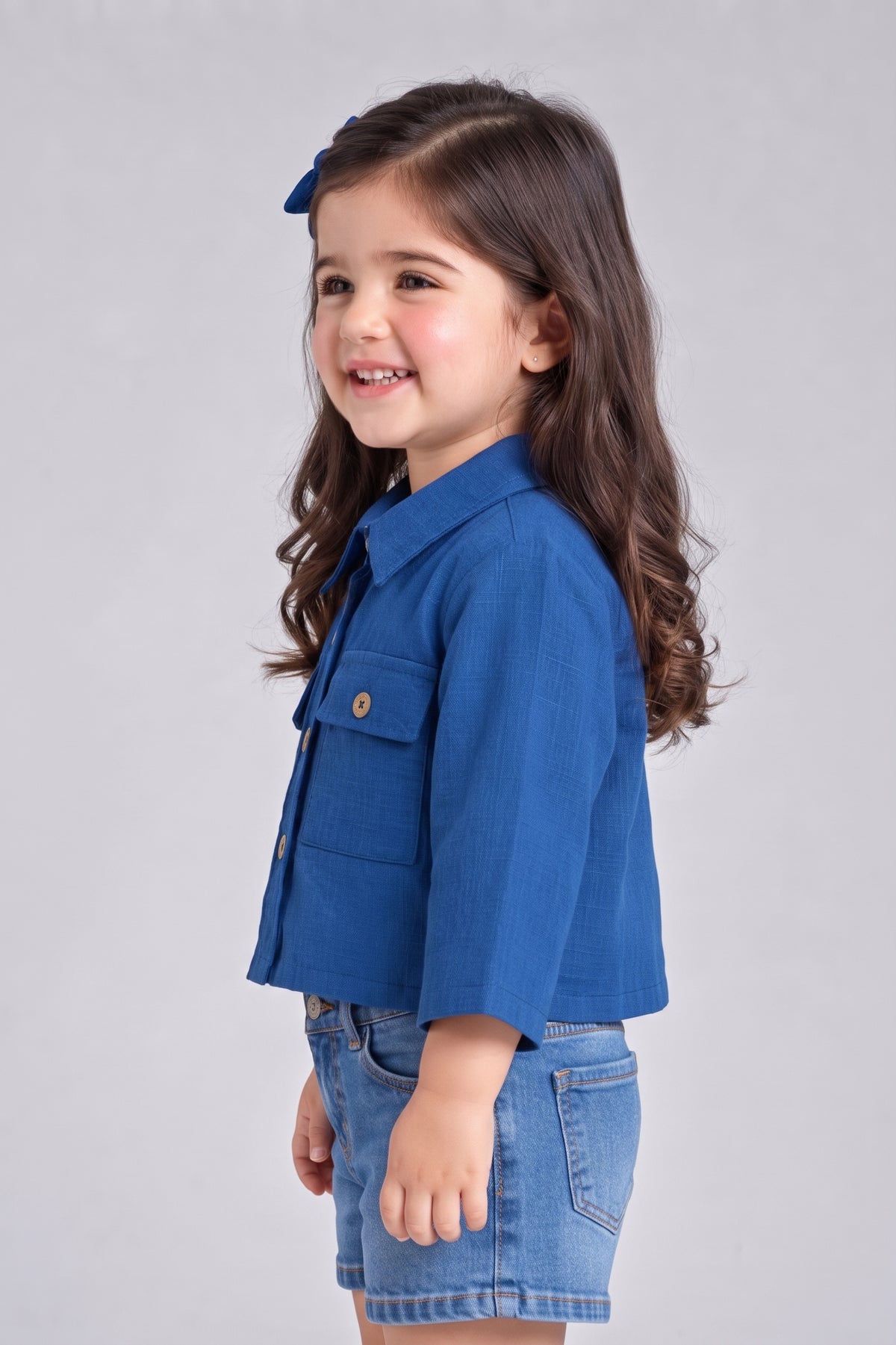 Royal Blue Cropped Utility Shirt with Flap Pockets TSTP0043