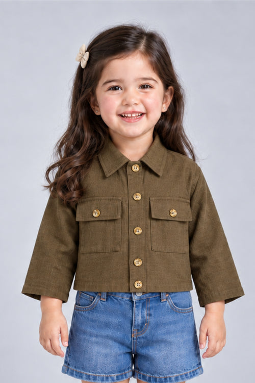 Khaki Brown Cropped Utility Shirt with Flap Pockets TSTP0043