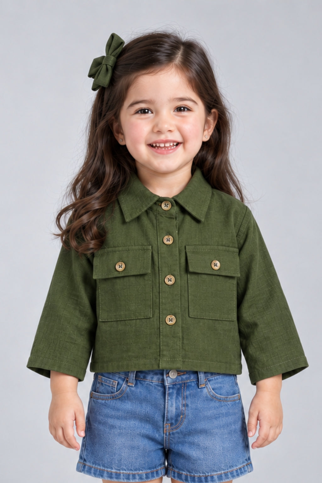 Olive Green Cropped Utility Shirt with Flap Pockets TSTP0043