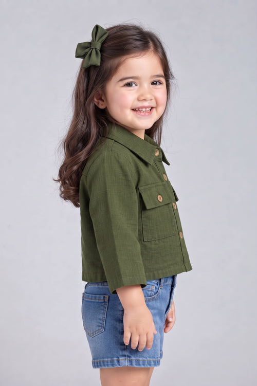 Olive Green Cropped Utility Shirt with Flap Pockets TSTP0043