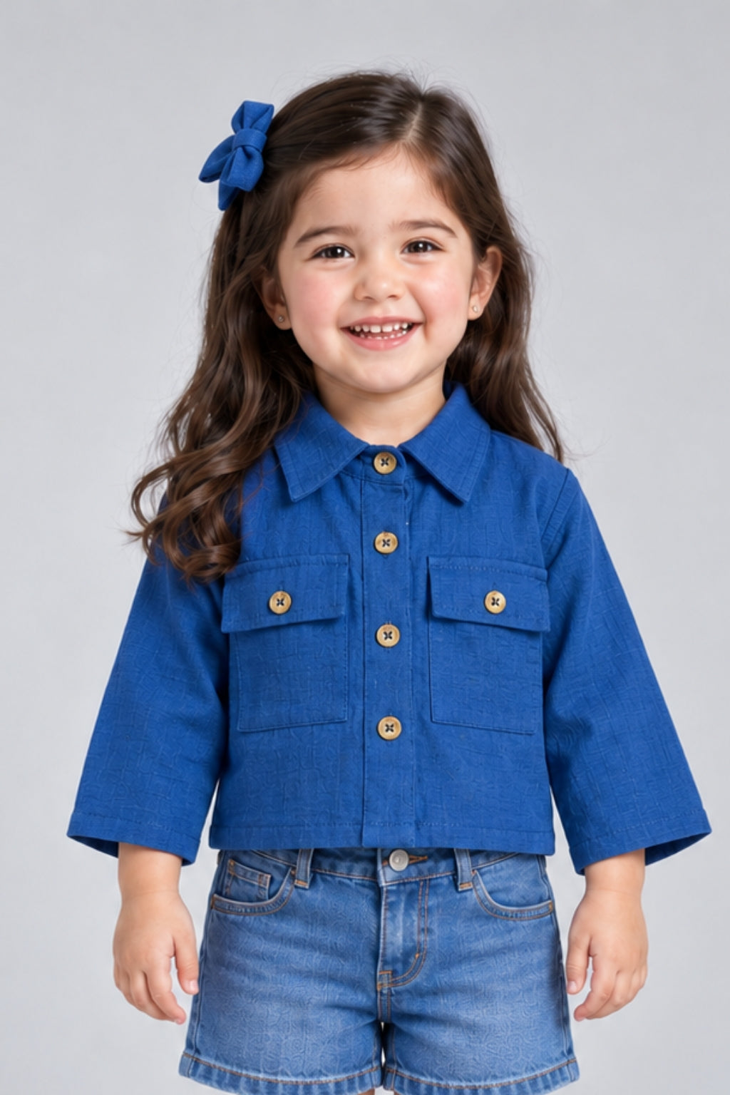 Royal Blue Cropped Utility Shirt with Flap Pockets TSTP0043