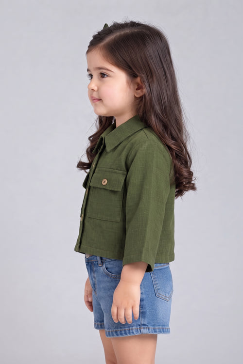 Olive Green Cropped Utility Shirt with Flap Pockets TSTP0043