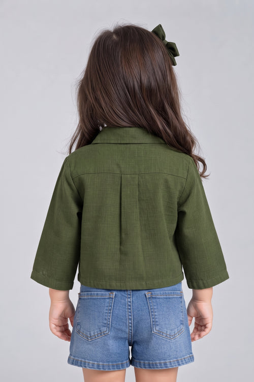 Olive Green Cropped Utility Shirt with Flap Pockets TSTP0043