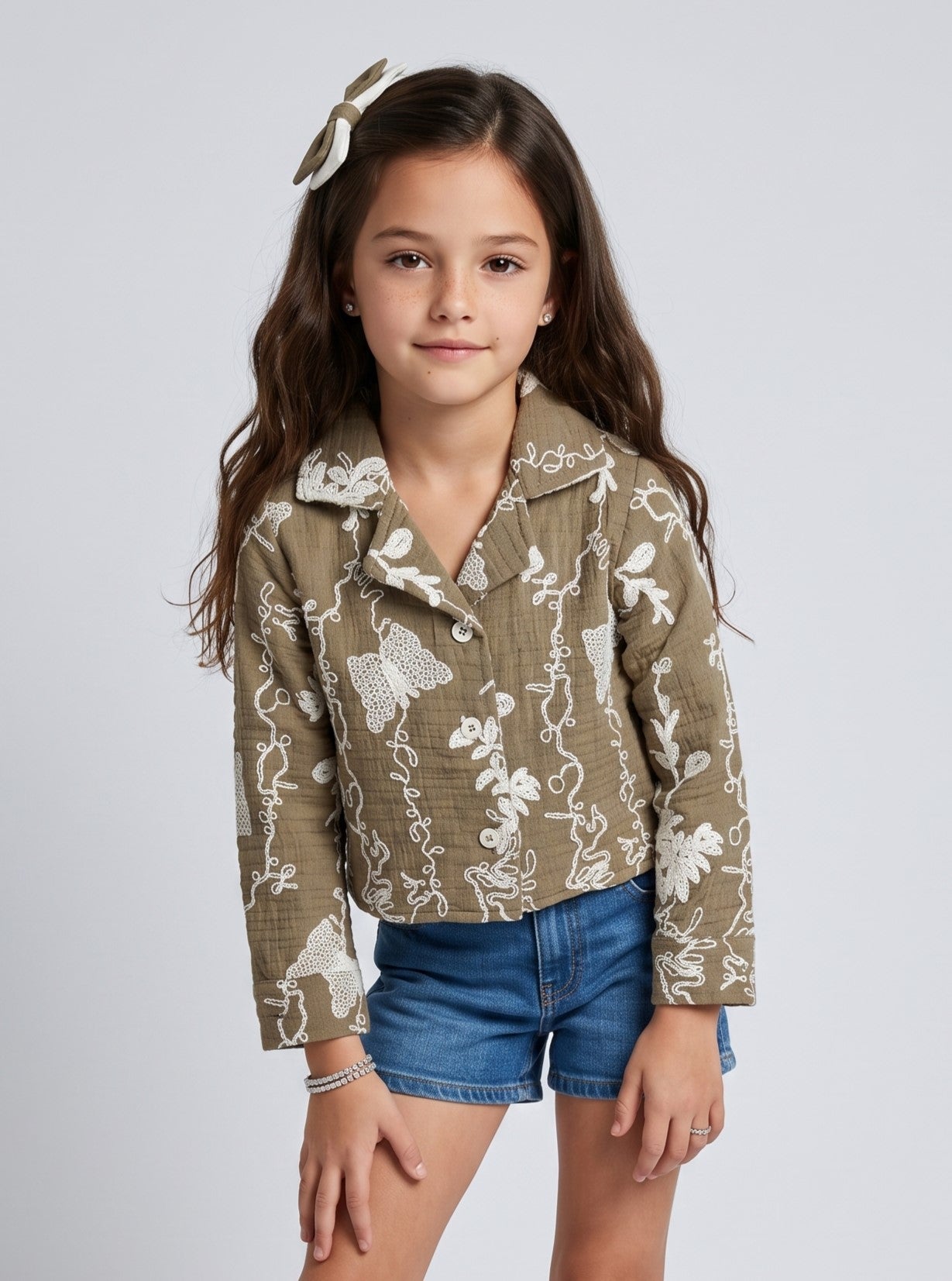 Girls Brown Embroidered Cropped Jacket TSTP0045
