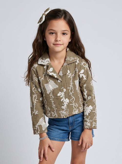 Girls Brown Embroidered Cropped Jacket TSTP0045