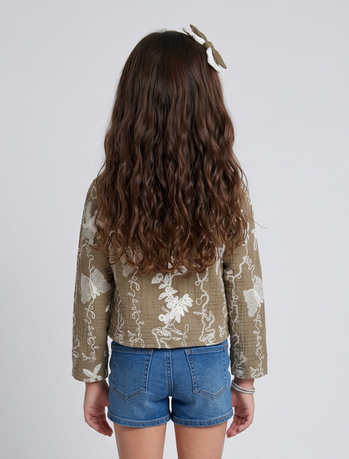 Girls Brown Embroidered Cropped Jacket TSTP0045