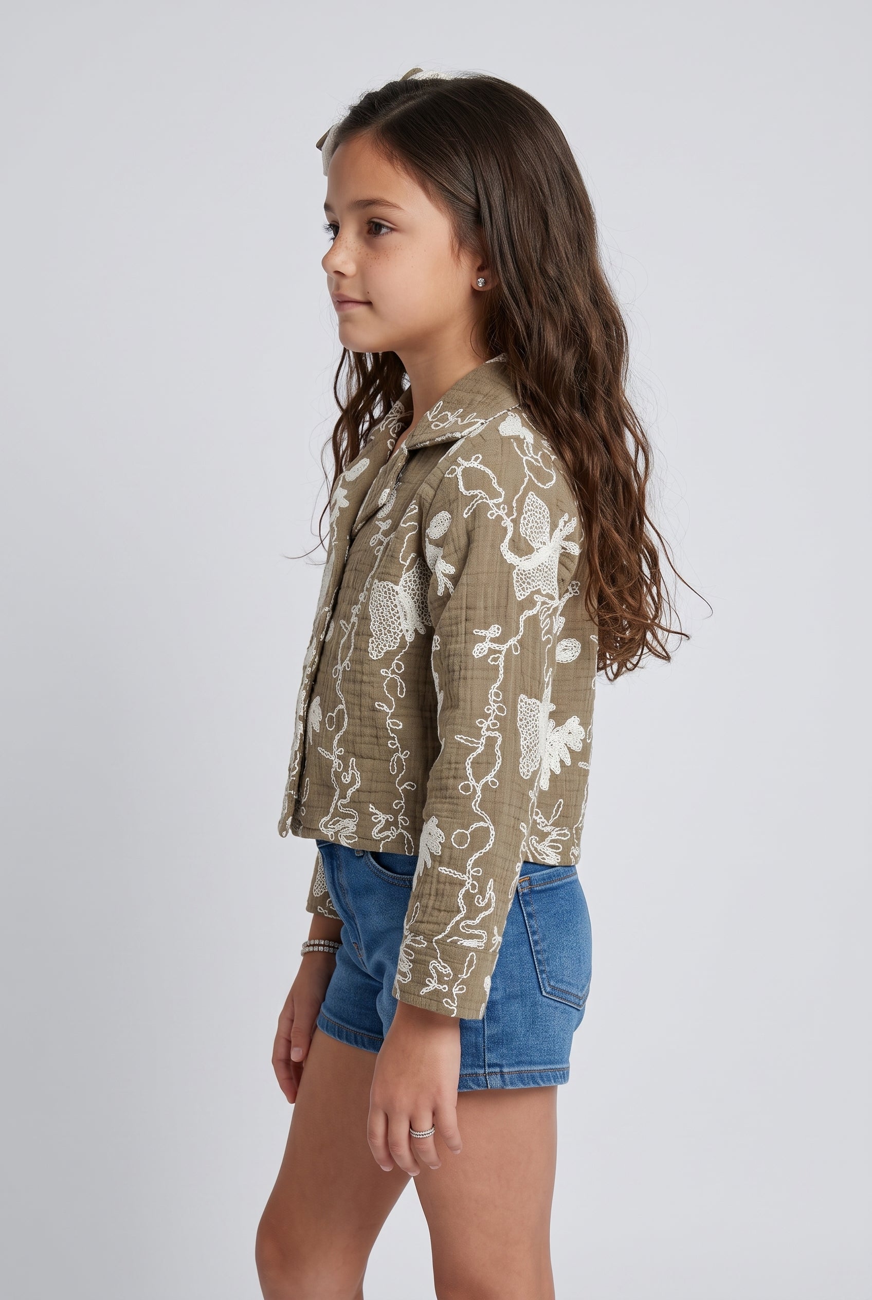Girls Brown Embroidered Cropped Jacket TSTP0045