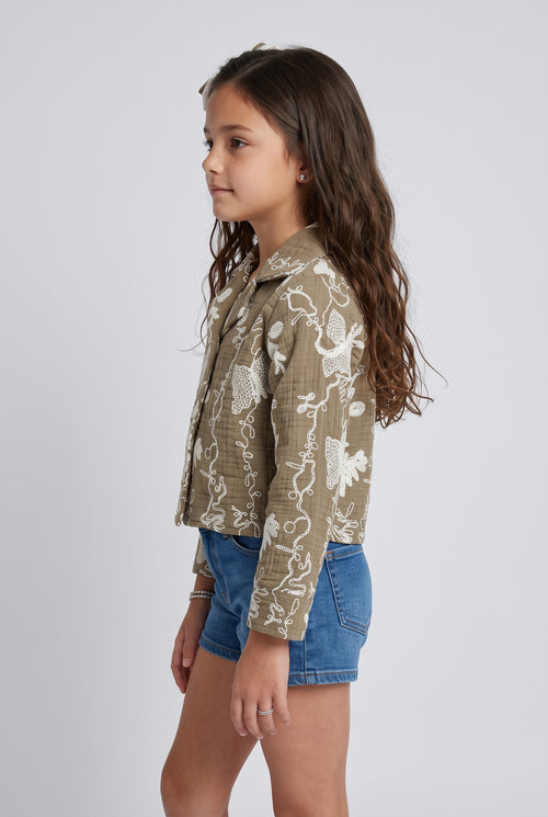 Girls Brown Embroidered Cropped Jacket TSTP0045