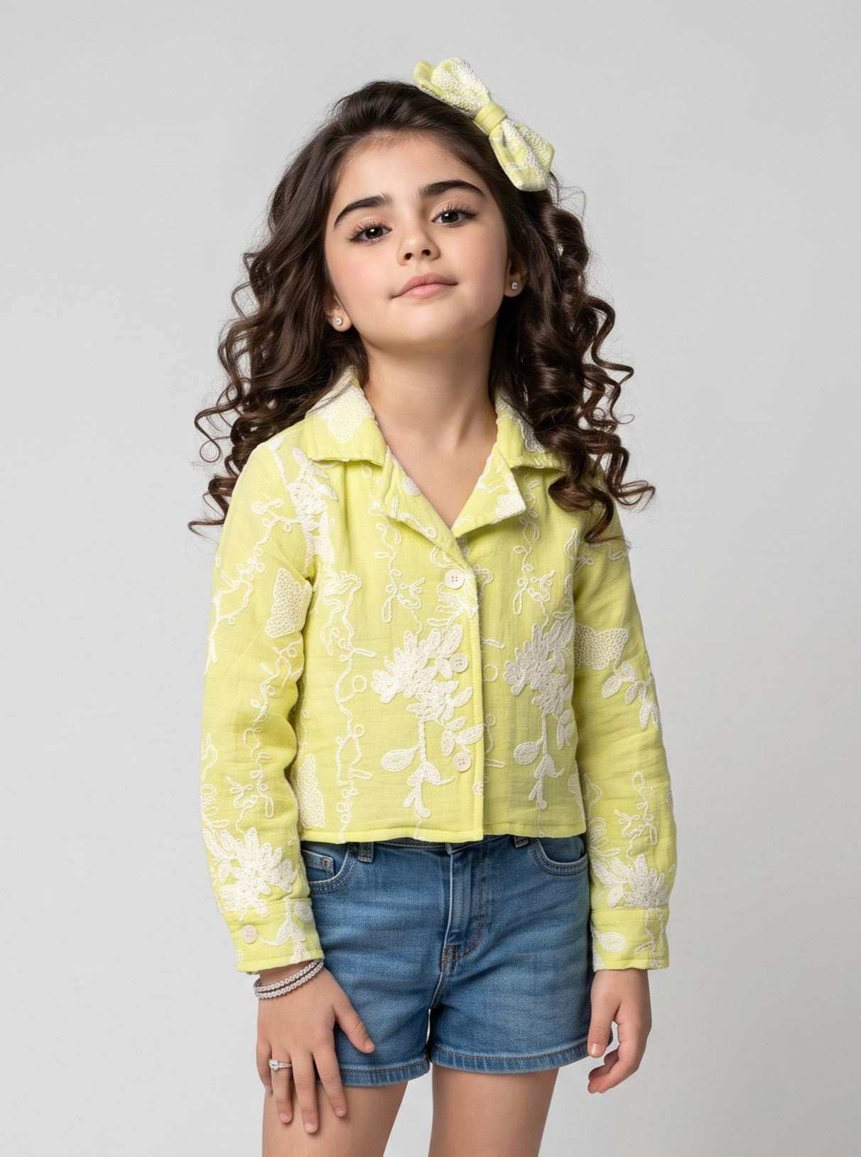 Girls Lemon Yellow Embroidered Cropped Top TSTP0045