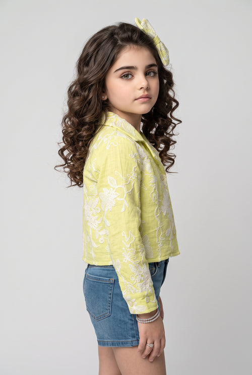 Girls Lemon Yellow Embroidered Cropped Top TSTP0045