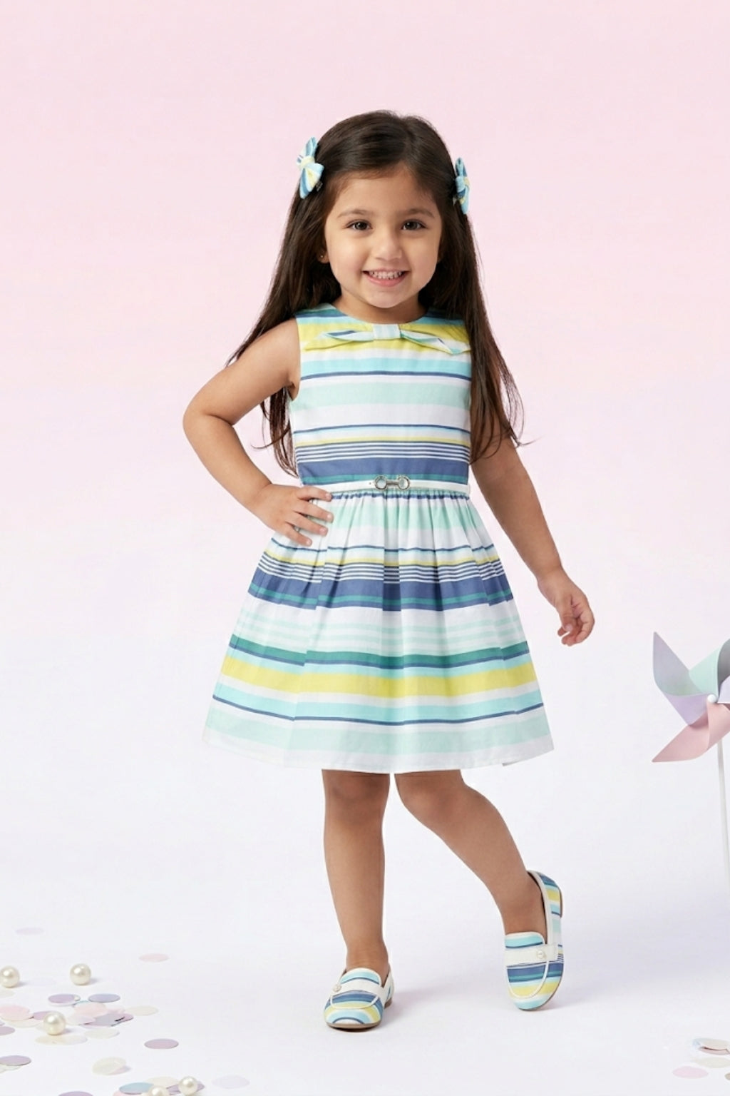 Fresh Blue & Yellow Striped Bow Dress F553