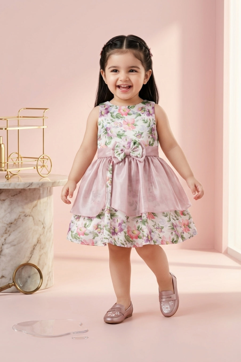 Girls Onion Pink Floral Satin Bow Party Frock TSF10055