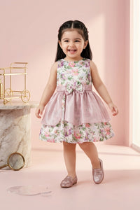 Girls Onion Pink Floral Satin Bow Party Frock TSF10055