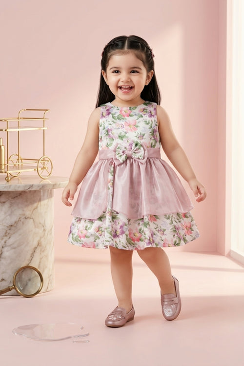 Girls Onion Pink Floral Satin Bow Party Frock TSF10055