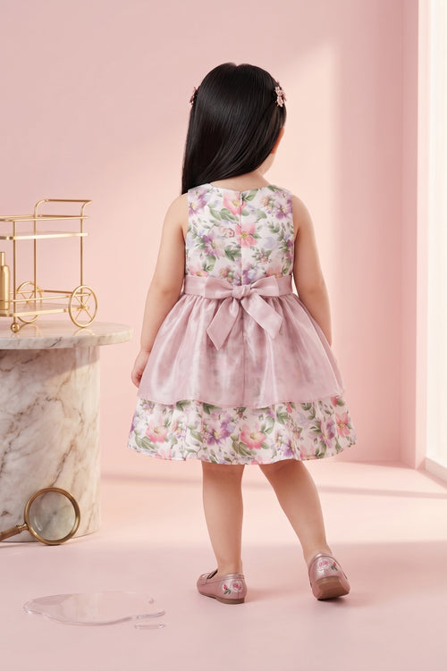 Girls Onion Pink Floral Satin Bow Party Frock TSF10055