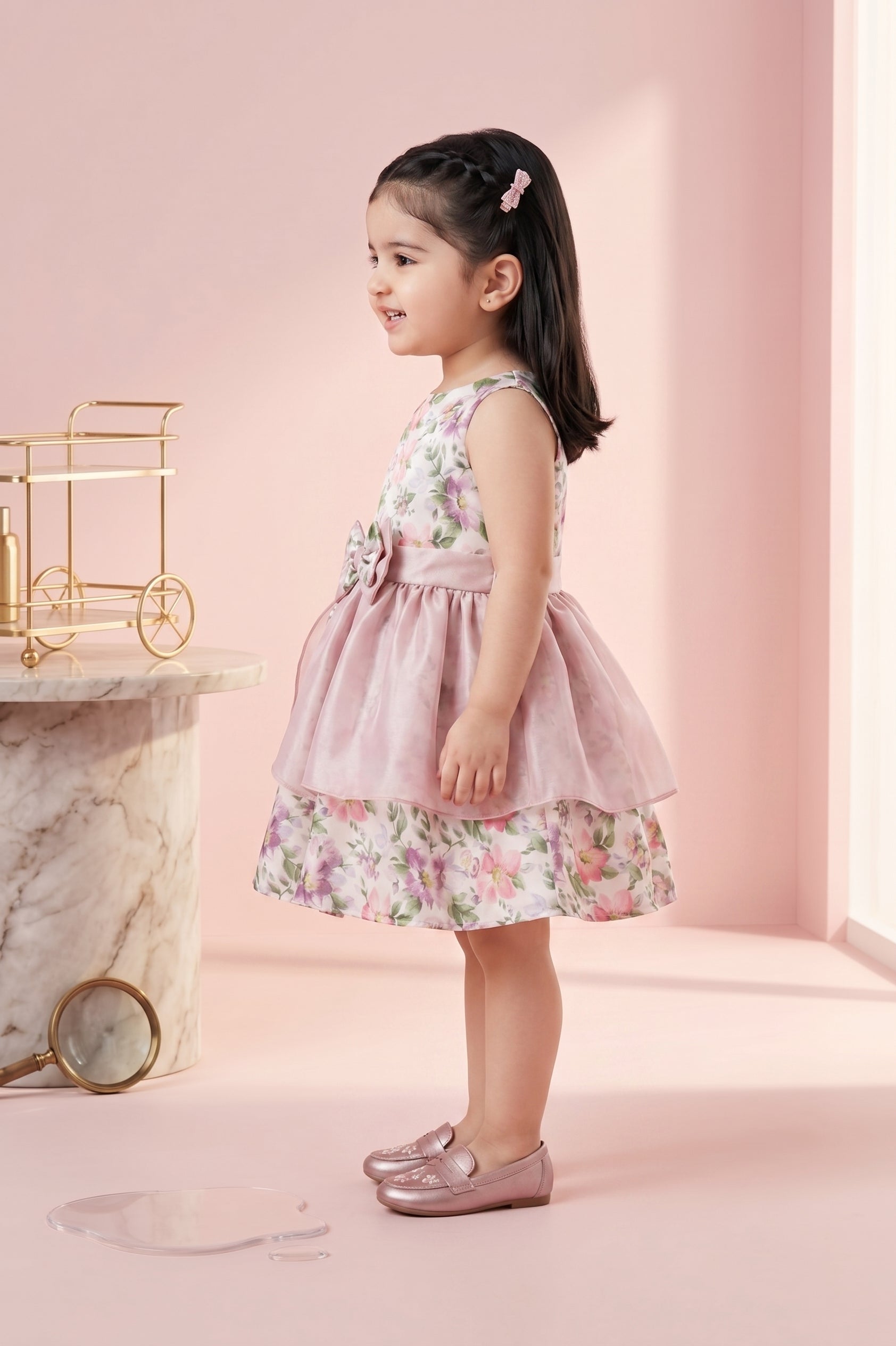 Girls Onion Pink Floral Satin Bow Party Frock TSF10055
