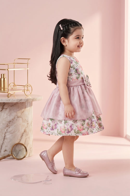 Girls Onion Pink Floral Satin Bow Party Frock TSF10055