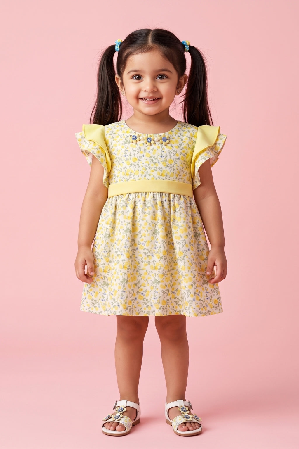 Yellow Floral Flutter Sleeve Dress TSIM041