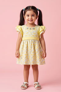 Yellow Floral Flutter Sleeve Dress TSIM041