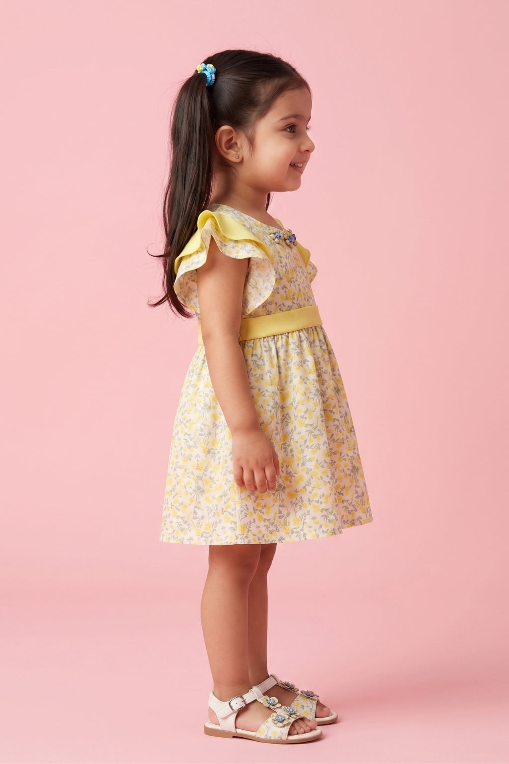 Yellow Floral Flutter Sleeve Dress TSIM041