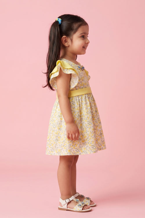 Yellow Floral Flutter Sleeve Dress TSIM041