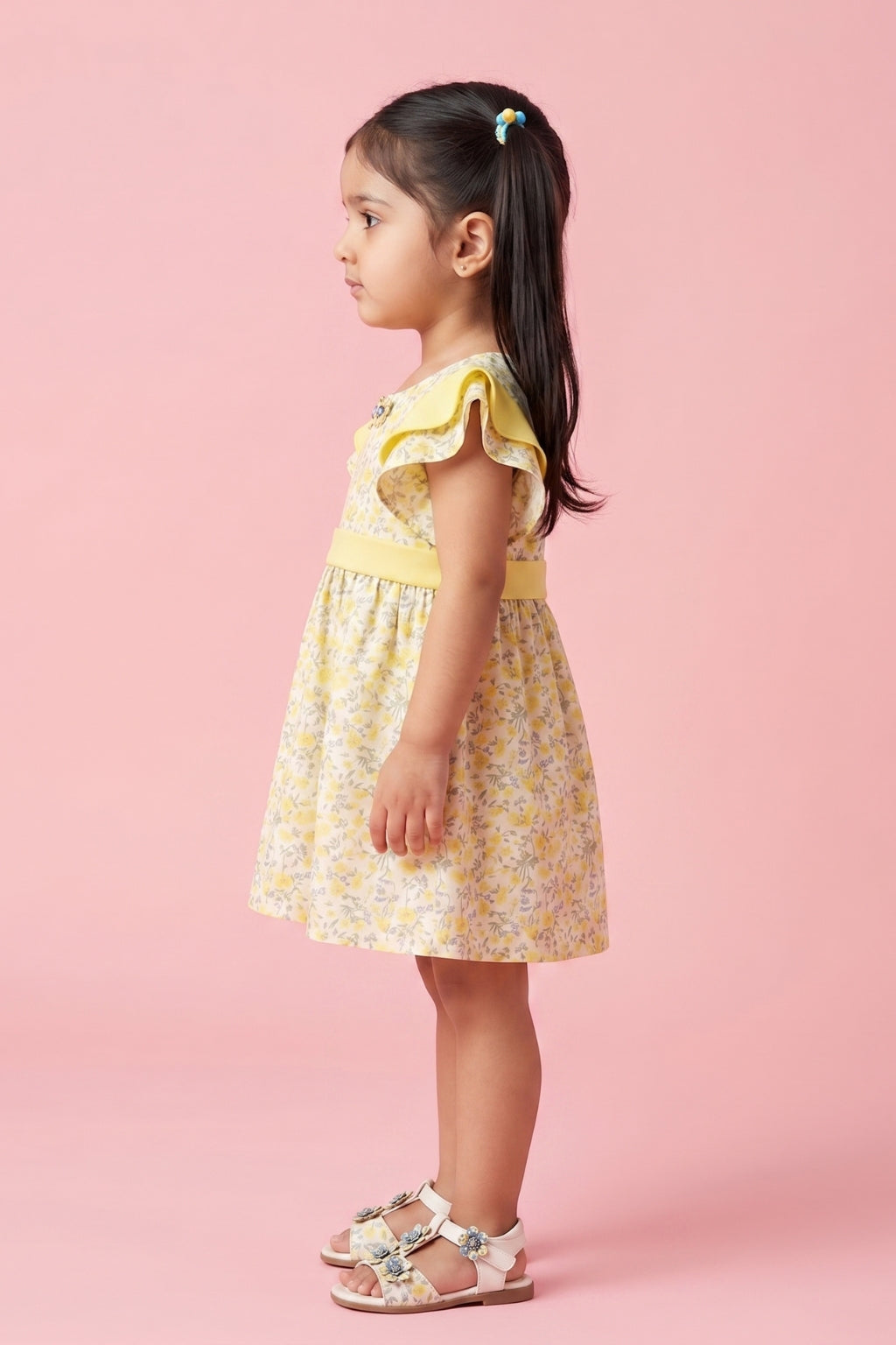 Yellow Floral Flutter Sleeve Dress TSIM041