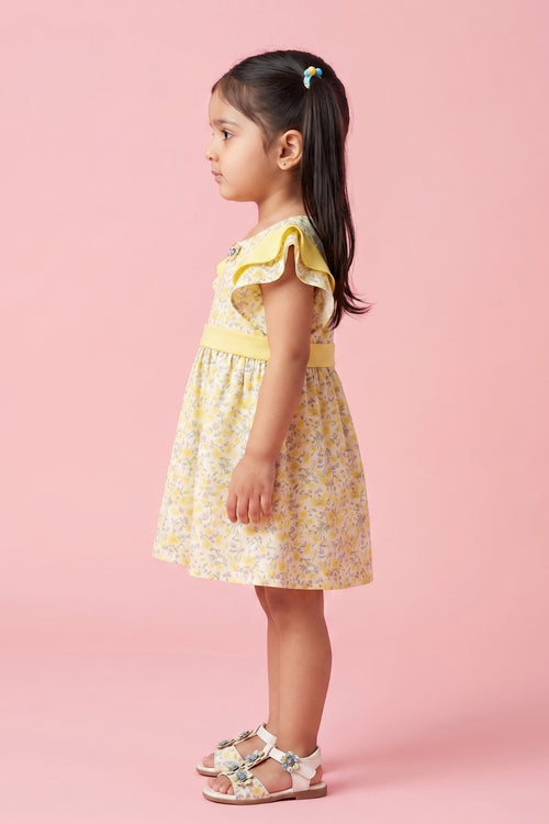 Yellow Floral Flutter Sleeve Dress TSIM041
