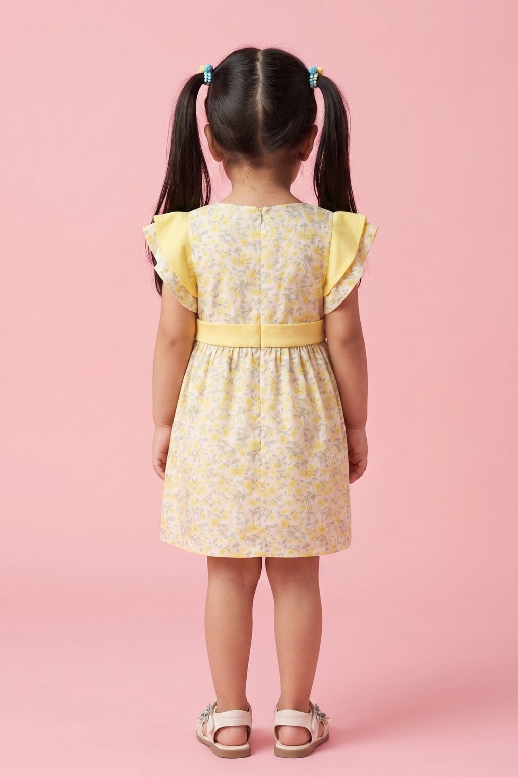 Yellow Floral Flutter Sleeve Dress TSIM041
