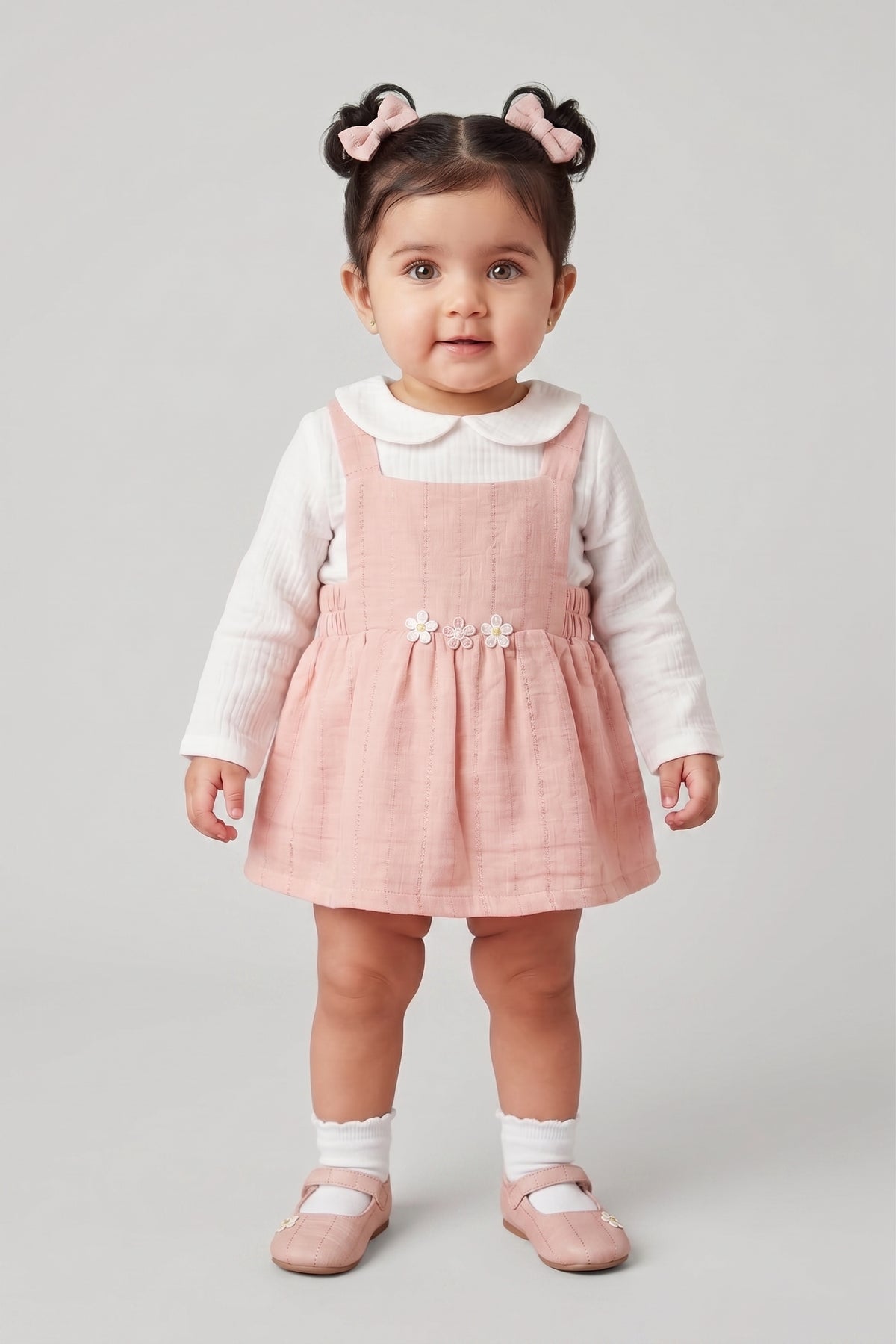 Peach Pinafore Dress with White Peter Pan Collar Top TSIPN138