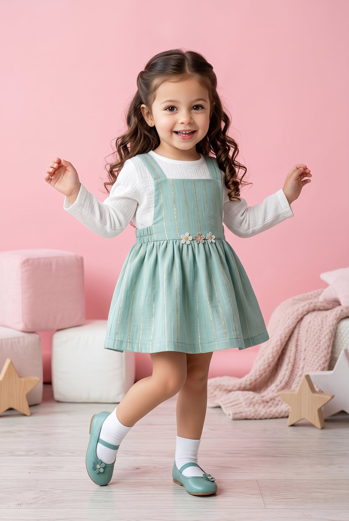 Sea Green Striped Pinafore Dress TSIPN138