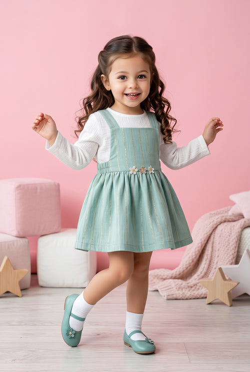 Sea Green Striped Pinafore Dress TSIPN138