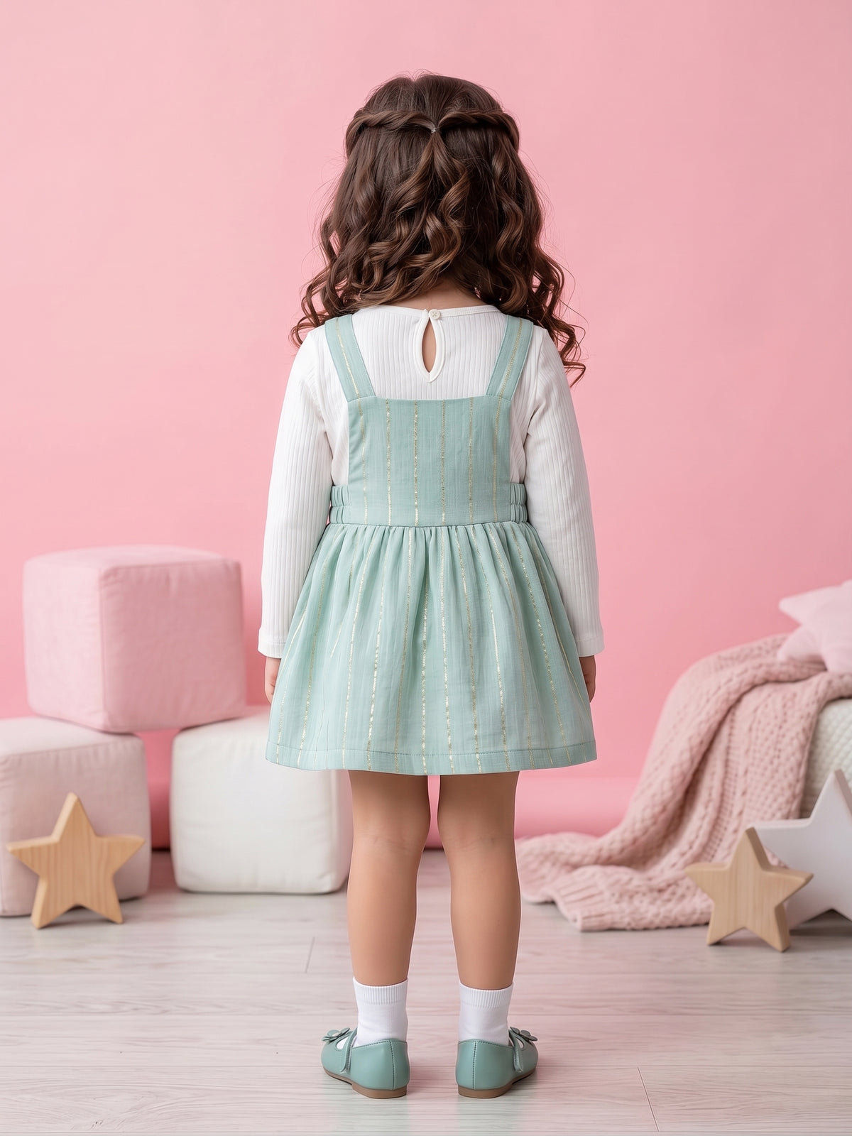 Sea Green Striped Pinafore Dress TSIPN138