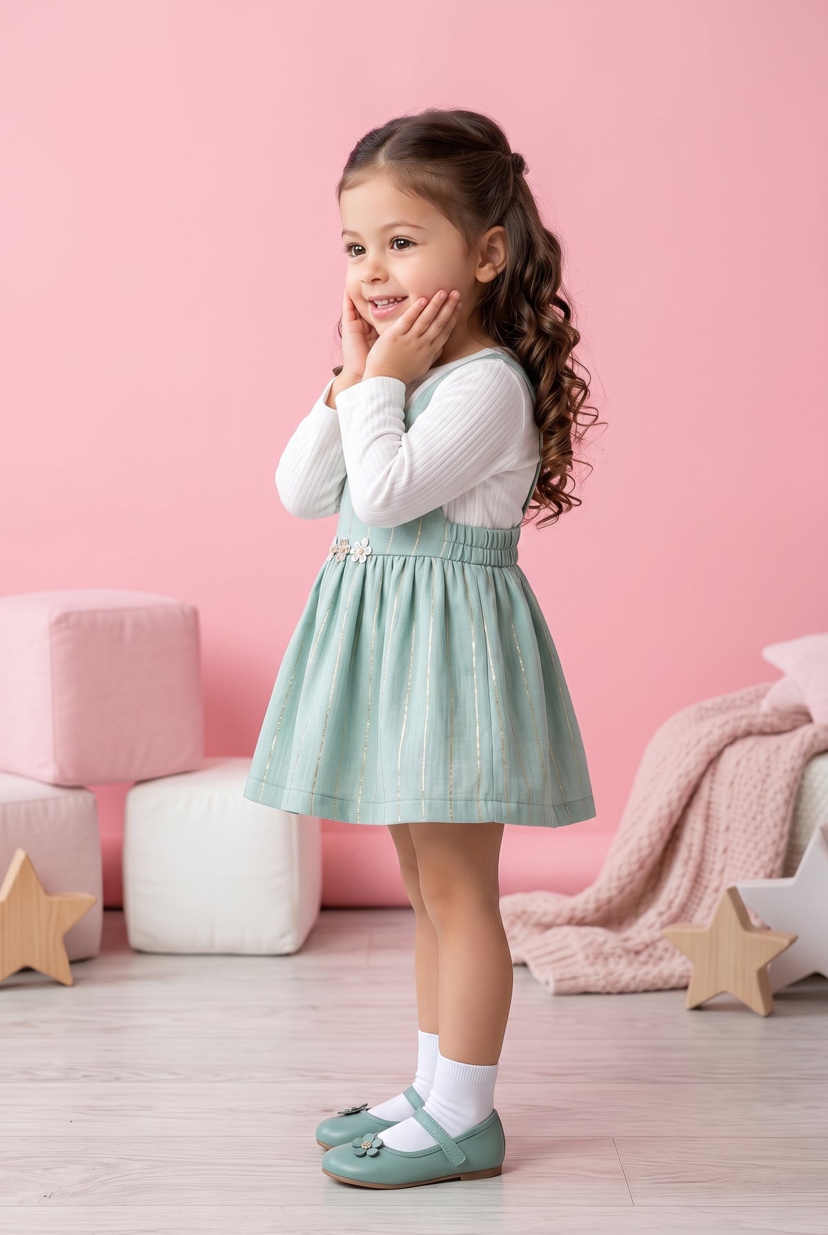 Sea Green Striped Pinafore Dress TSIPN138