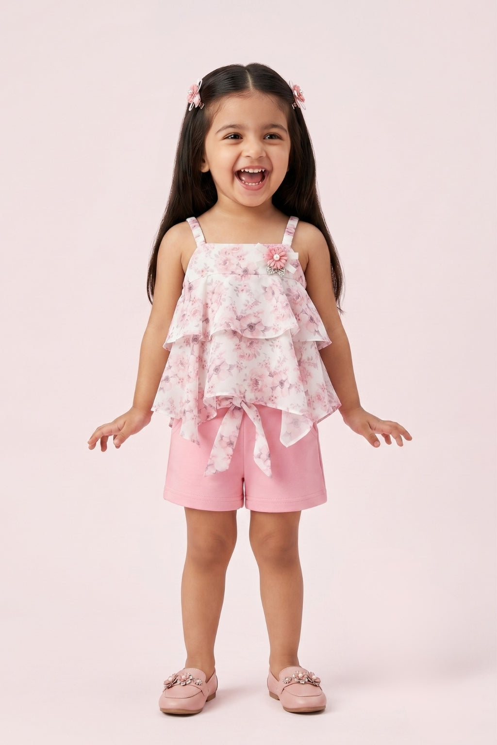 Floral Layered Top & Pink Shorts Set TSISET068