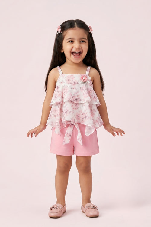 Floral Layered Top & Pink Shorts Set TSISET068