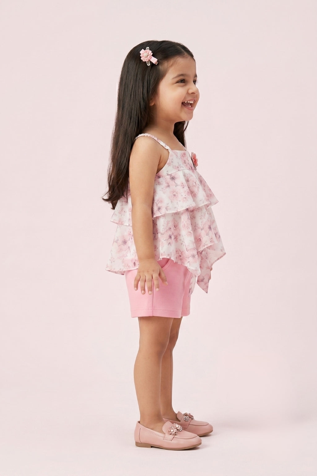 Floral Layered Top & Pink Shorts Set TSISET068