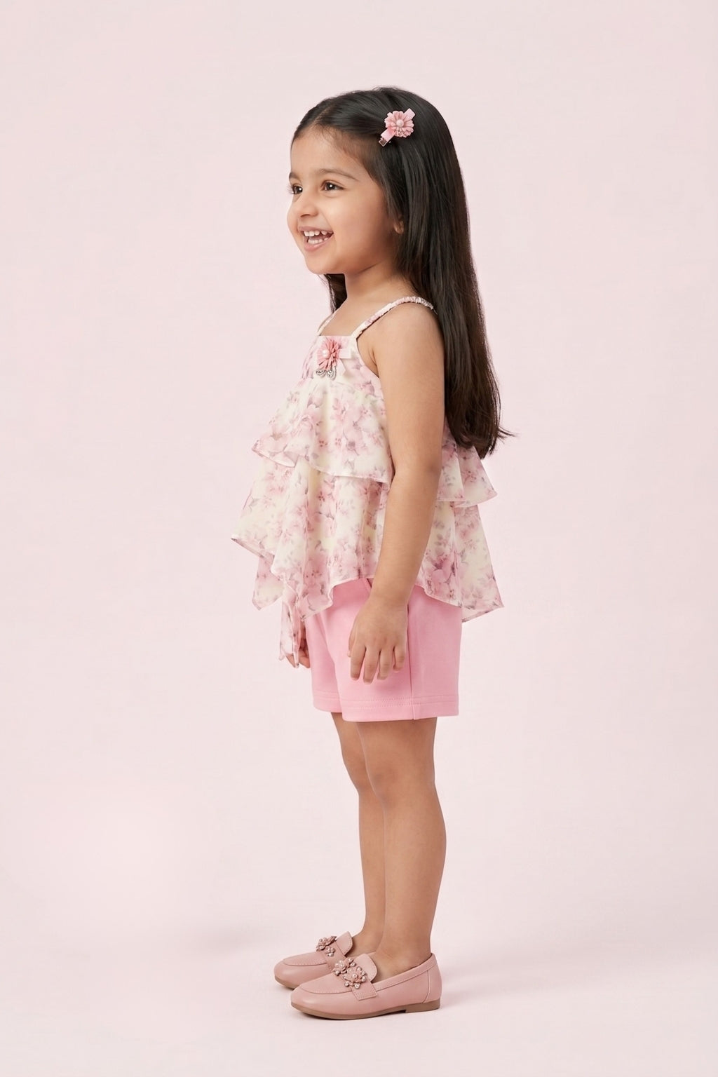Floral Layered Top & Pink Shorts Set TSISET068