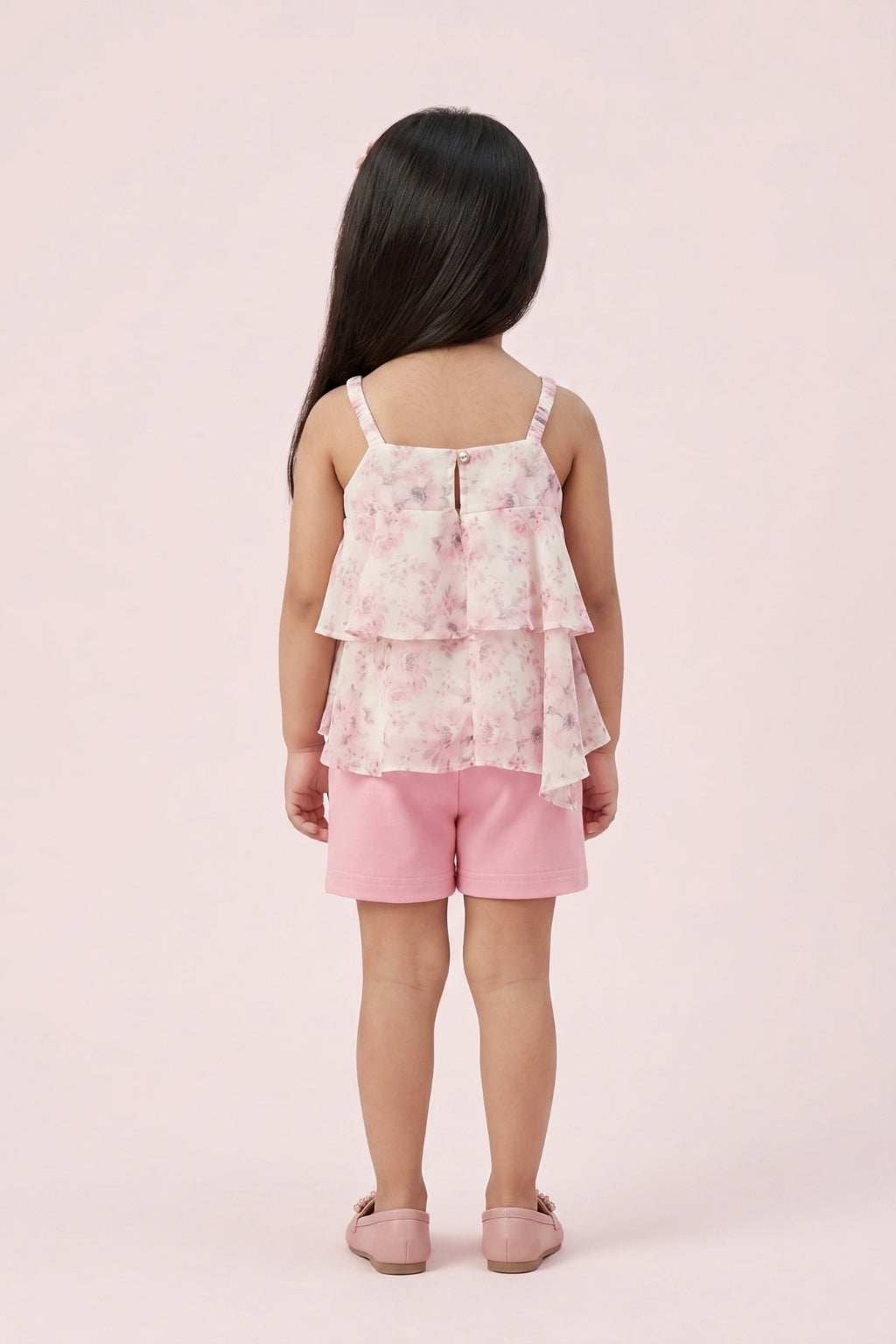 Floral Layered Top & Pink Shorts Set TSISET068