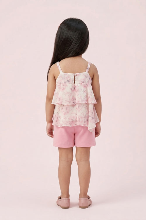 Floral Layered Top & Pink Shorts Set TSISET068